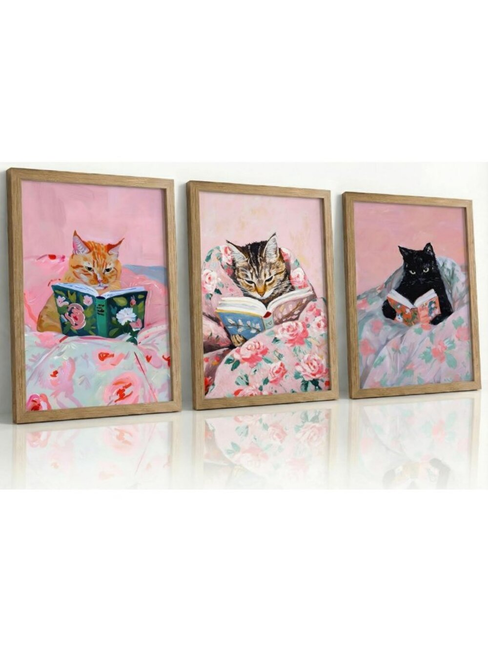 Set of 3 Vintage Cat Canvas Wall Art Prints - Framed Pink Decor, 12''x16''